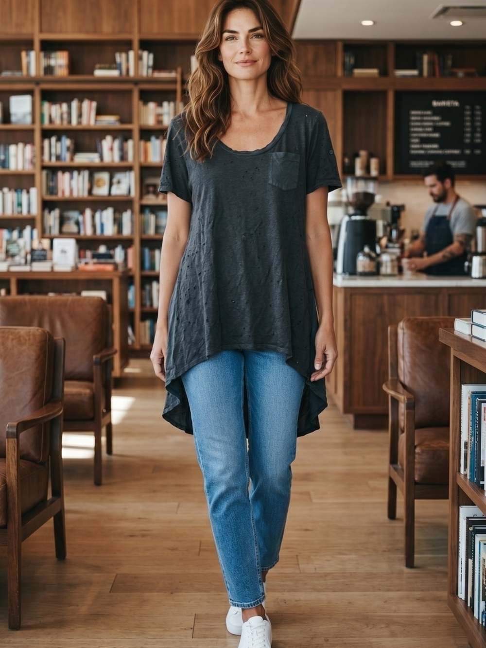Earth Washed Black High-Low Scoop Neck Short Sleeve Tunic